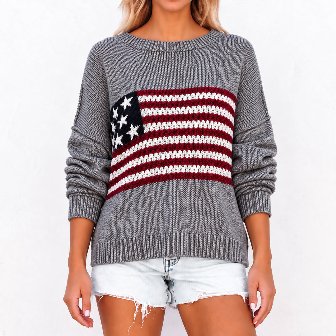 	Grey American flag knit pullover with red and white chest stripes