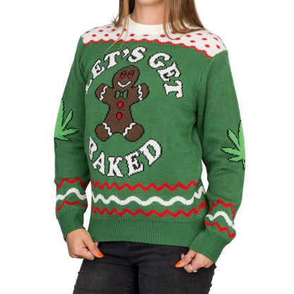 Model wearing a custom Christmas sweater with a 'Let’s Get Baked' gingerbread design and festive holiday patterns on a green knit background.