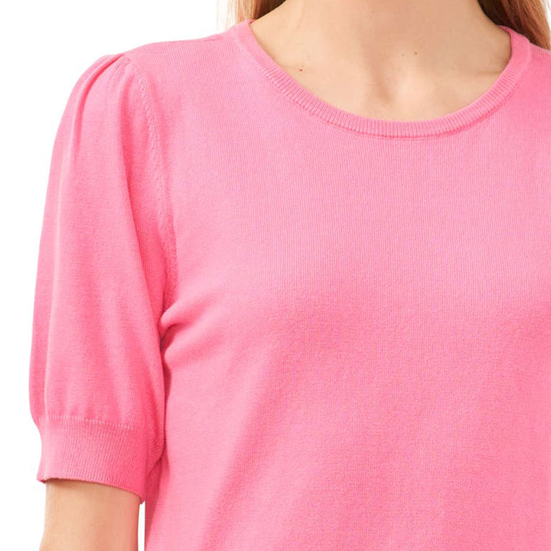 Close-up of the front design of a pink women's short sleeve solid custom knit sweater