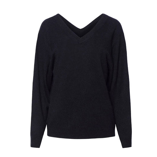 Black V-neck wool blend pullover sweater with long sleeves and a relaxed fit, showcasing the classic and minimal design.