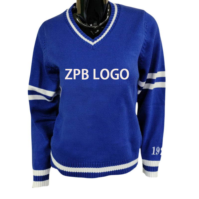 Custom blue sorority sweater with white text 'ZPB LOGO' and white stripes on the sleeves and hem.