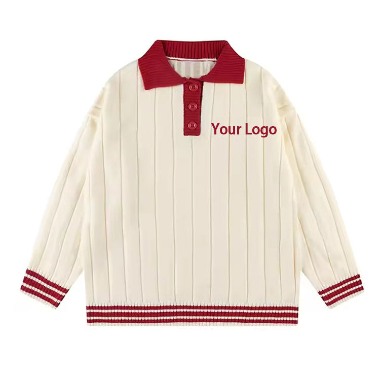 Custom 100% Cotton Ribbed Varsity Knit Sweater with Red Collar and Button Detailing, Featuring 'Your Logo' Placement on the Chest.