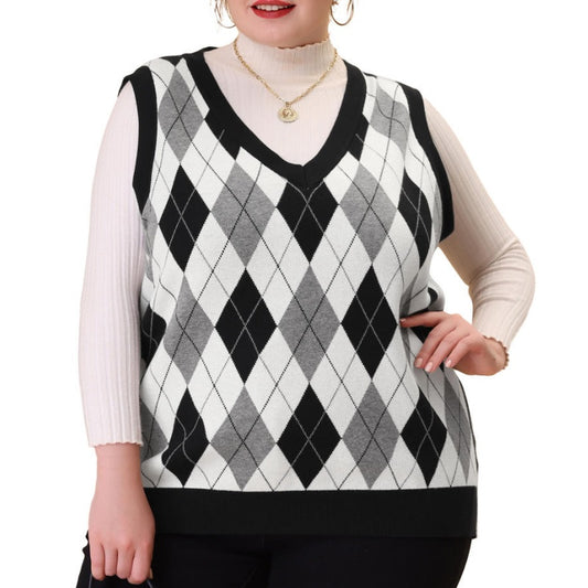 Front view of a plus-size woman wearing a custom V-neck argyle knitted sweater vest in black, white, and grey, layered over a long-sleeve ribbed top.