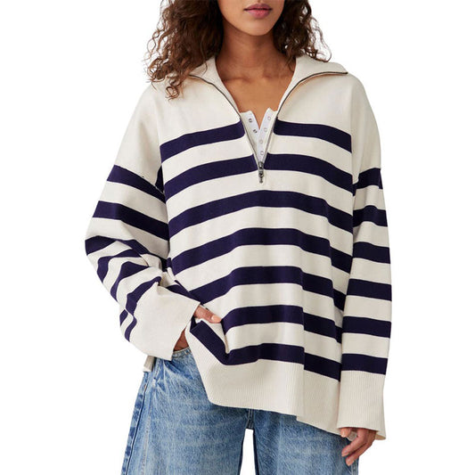 Woman wearing a custom wholesale cotton blend loose striped quarter-zip lapel pullover sweater in beige and blue jeans