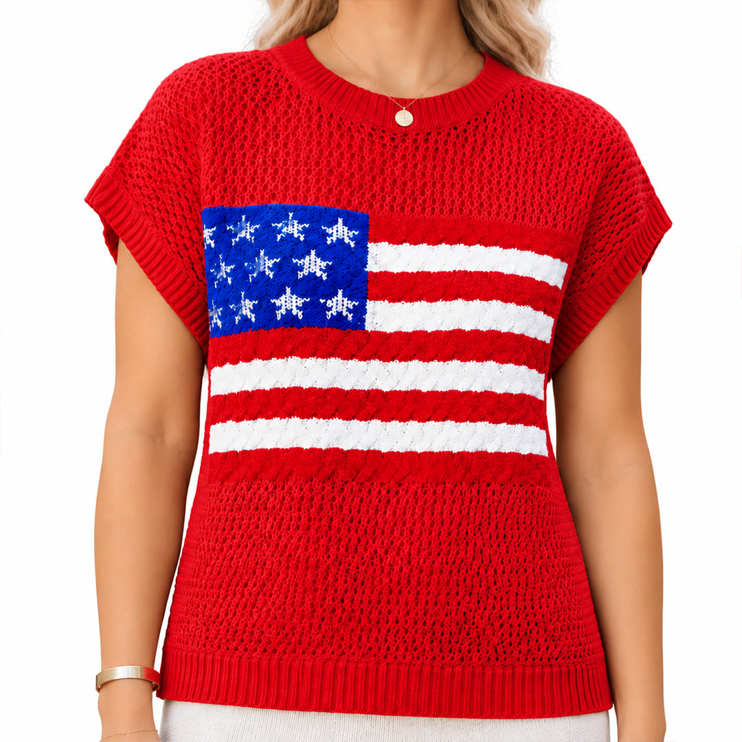 Red short sleeve knit sweater with American flag chest graphic