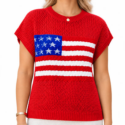 Red short sleeve knit sweater with American flag chest graphic