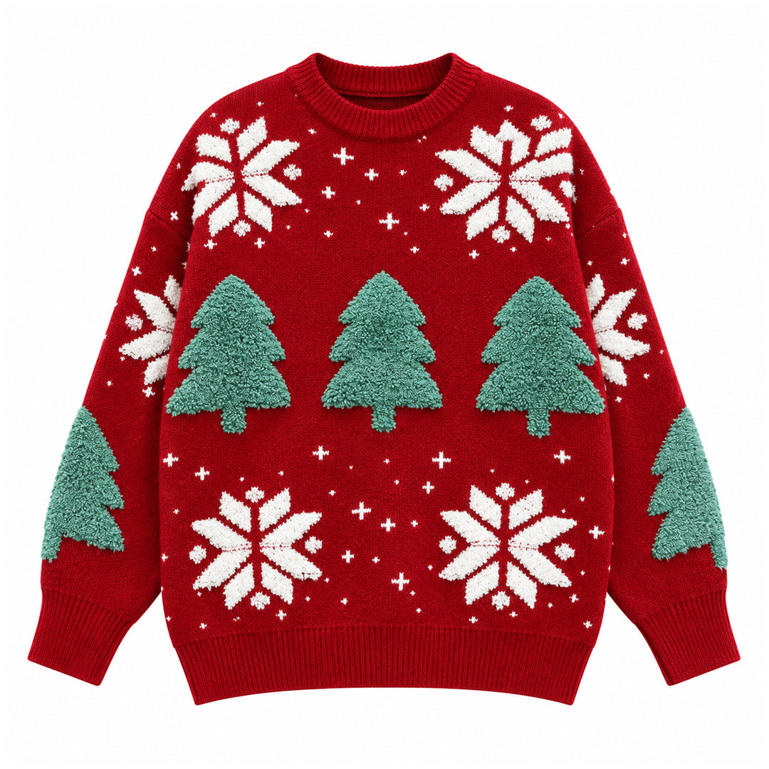 Red Nordic Christmas pullover with festive knitted motifs