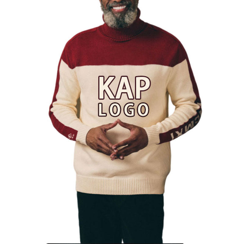 Man wearing a custom fraternity sweater with a red upper section and cream lower section, displaying 'KAP LOGO' on the chest and 'MCIMXI' on the sleeve.