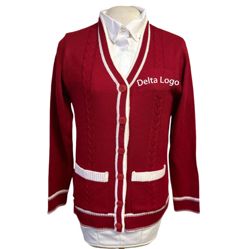 Front view of red cardigan with white trim, "Delta Logo" embroidered on the chest