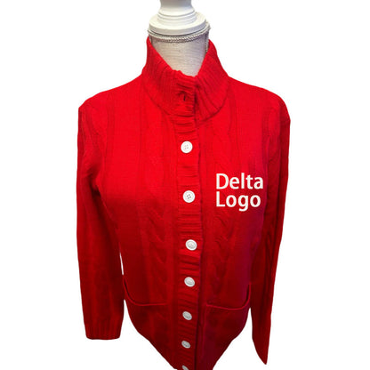 Red cardigan with white buttons and "Delta Logo" embroidered on the chest