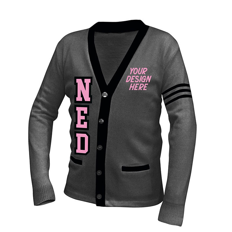 Custom grey Greek cardigan with pink "NED" letters and space for your design