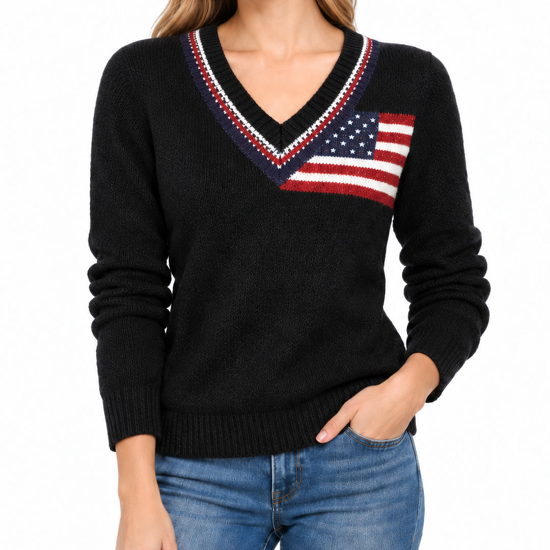 Black V-neck sweater with American flag chest motif and striped neckline