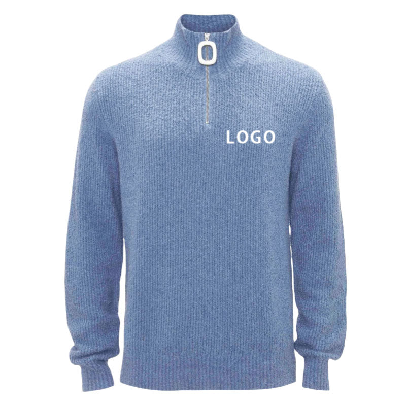 Flat lay image of a custom blue zipper sweater with a logo, perfect for OEM/ODM manufacturing services.