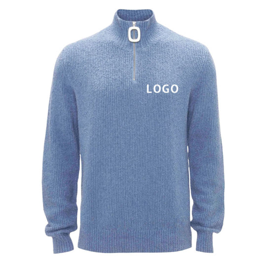 Flat lay image of a custom blue zipper sweater with a logo, perfect for OEM/ODM manufacturing services.