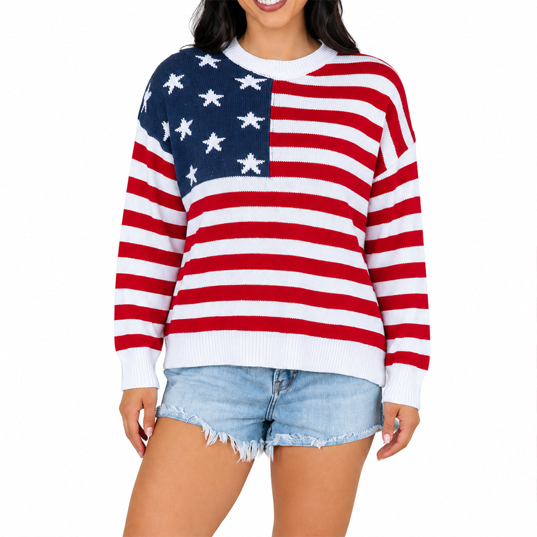 Red and white striped sweater with navy American flag star panel