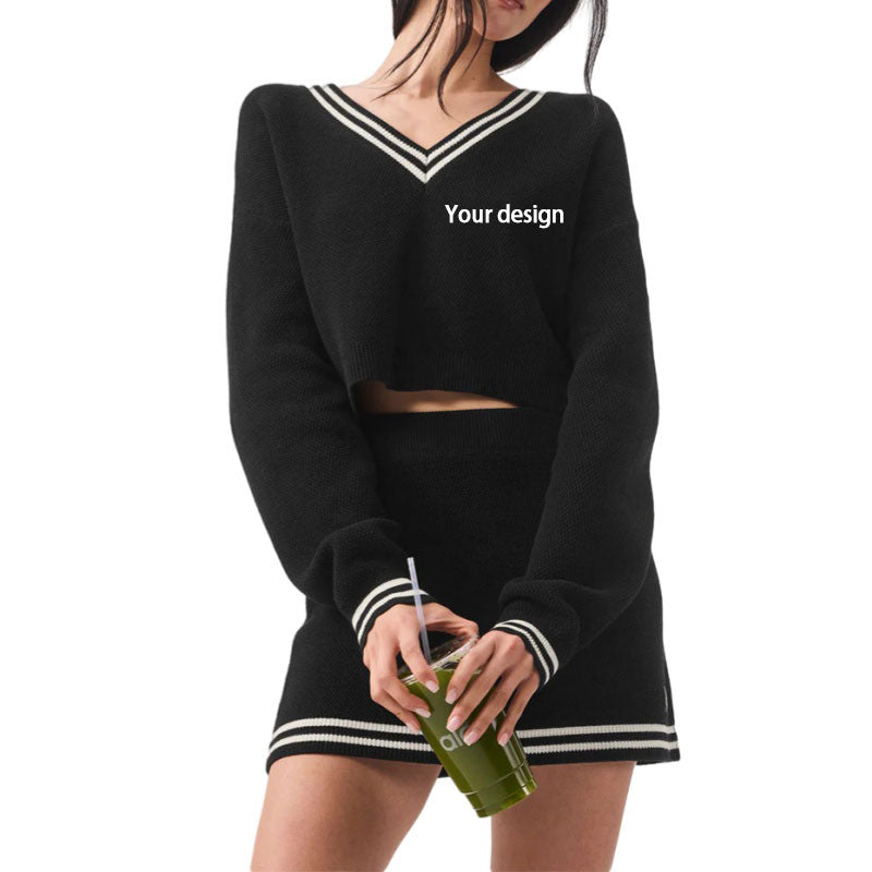 Custom 100% Cotton Women Knit Sweater Two-Piece Crop Set - Front View with Drink