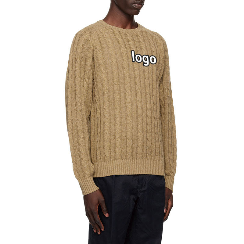 Custom khaki cable knit sweater with logo, made from 100% cotton, worn by a model, side view.