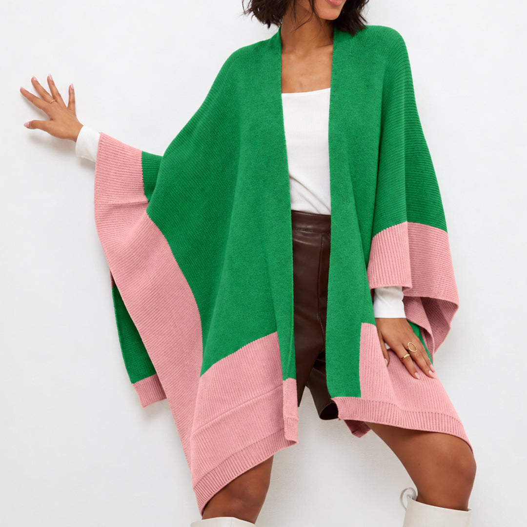 Green oversized poncho cardigan with pink edges