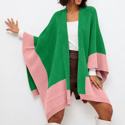 Green oversized poncho cardigan with pink edges