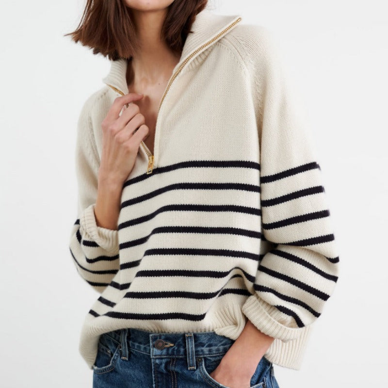Model wearing a Custom V-neck 100% Cotton Women’s Knitted Sweater with Striped Design and Zip Collar