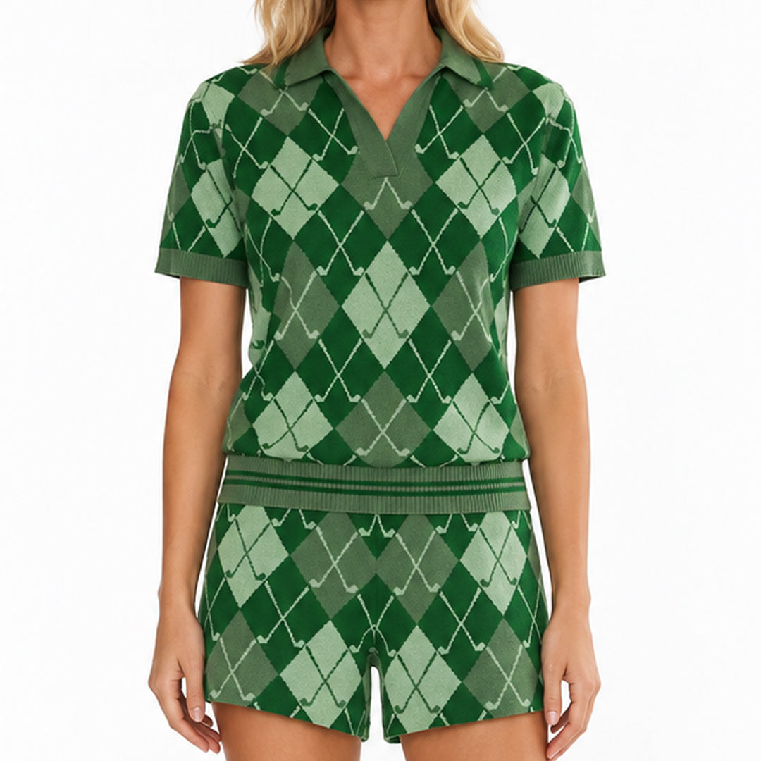 Model wearing a green argyle knit top and matching mini skirt set