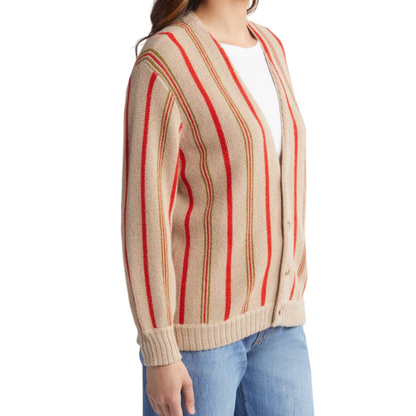 Side view of OEM/ODM wool blend stripe V-neck cardigan