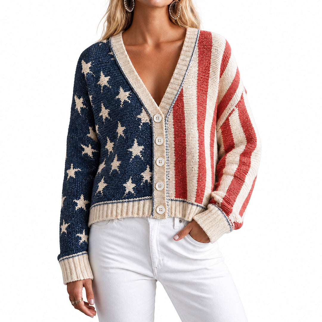 American flag knit cardigan with V-neck, button front and red white stripes, three-quarter front view