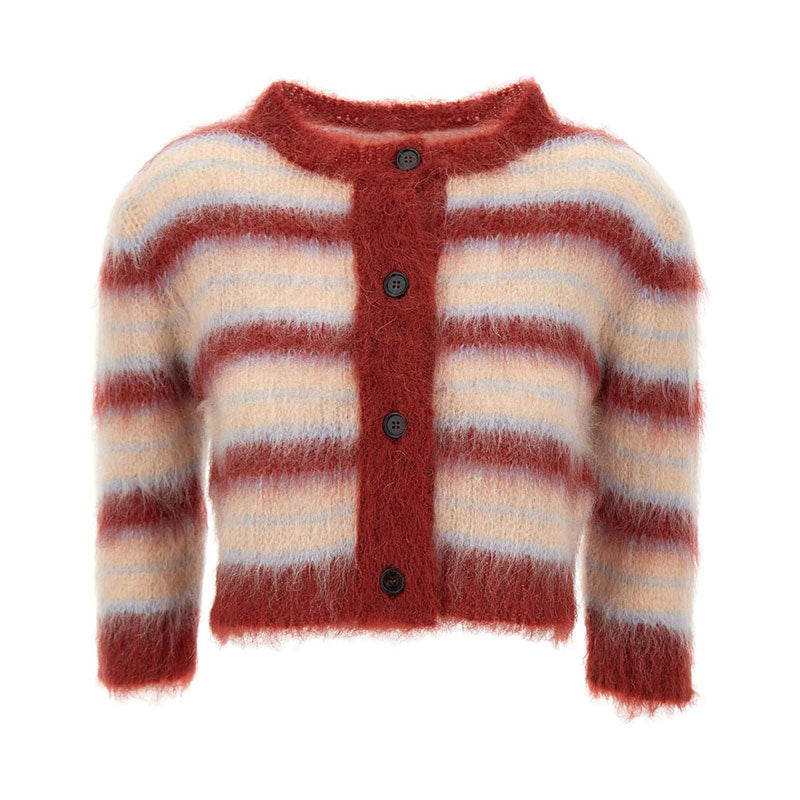 Front view of a custom mohair blend women's striped knit cardigan sweater with button front closure.