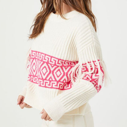 Custom O-neck Fringe-Trim Women’s Knitted Sweater - Ethnic Pattern Design