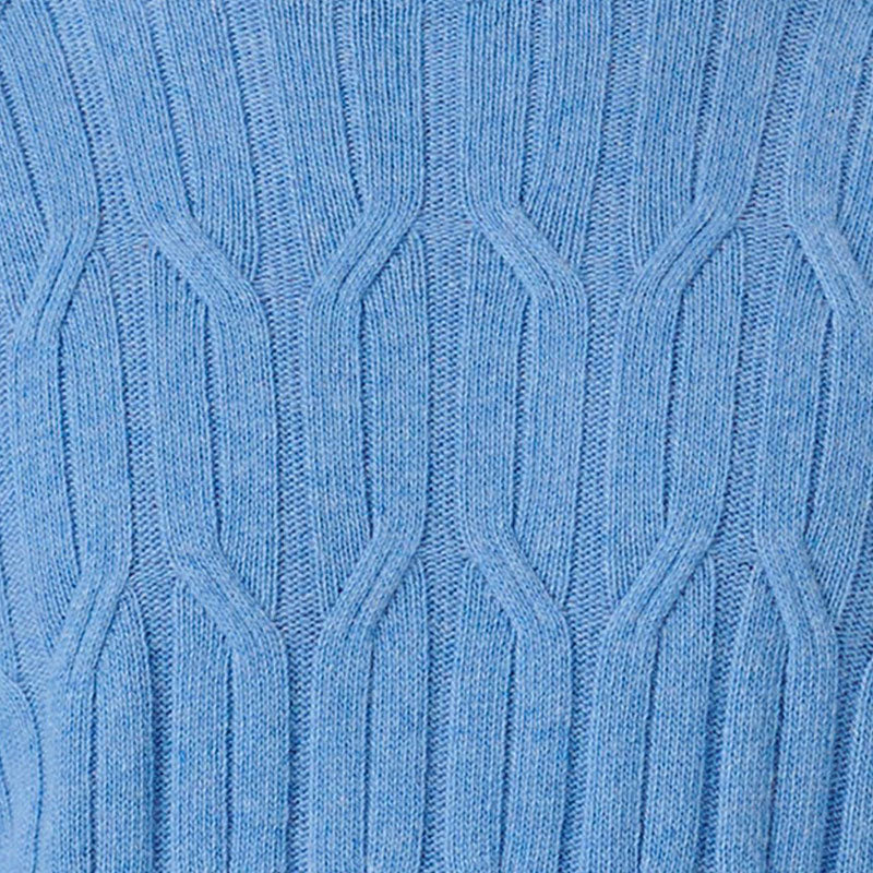 Close-up of the knit pattern on a blue custom turtleneck sweater.