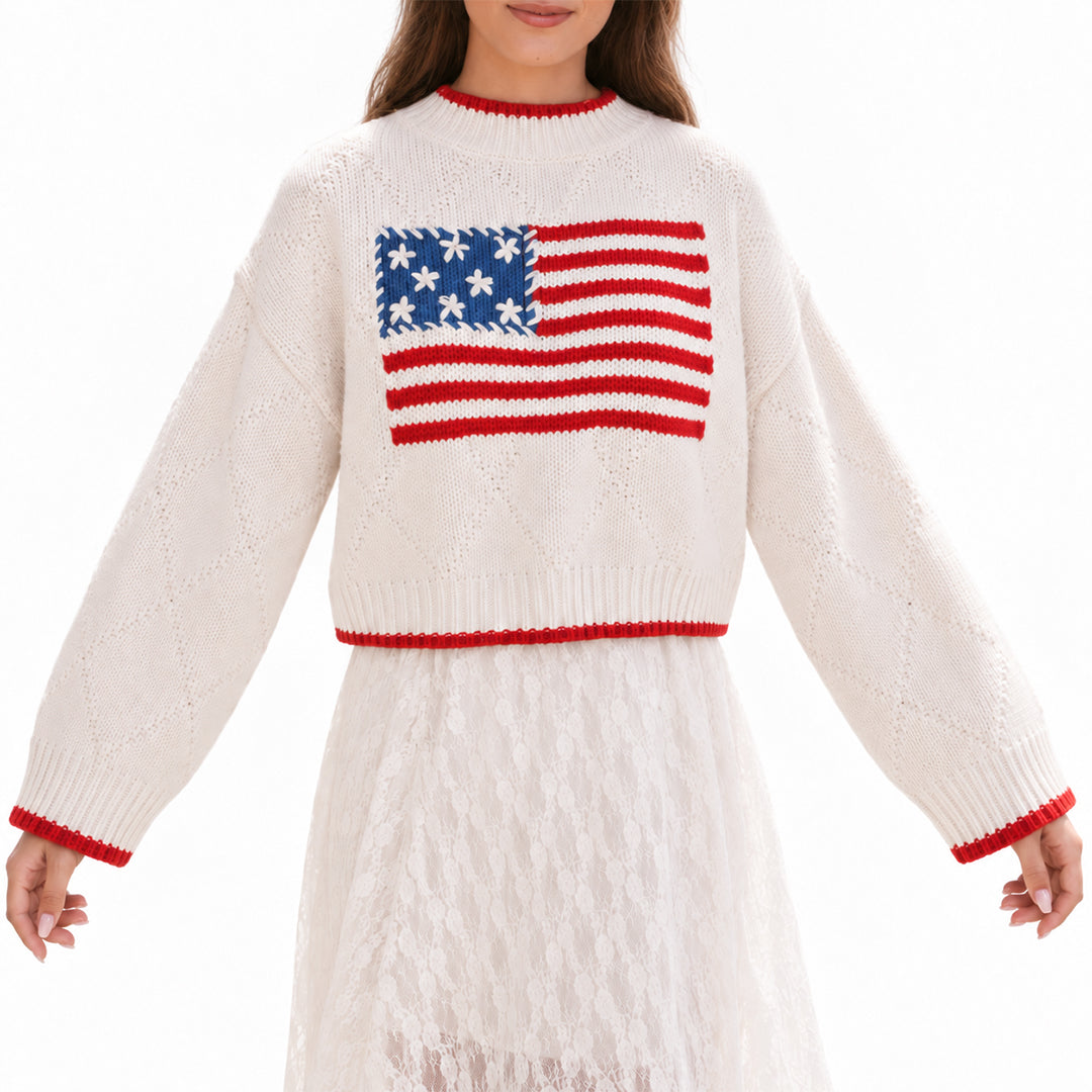 Cream knit pullover with American flag chest graphic and red trim