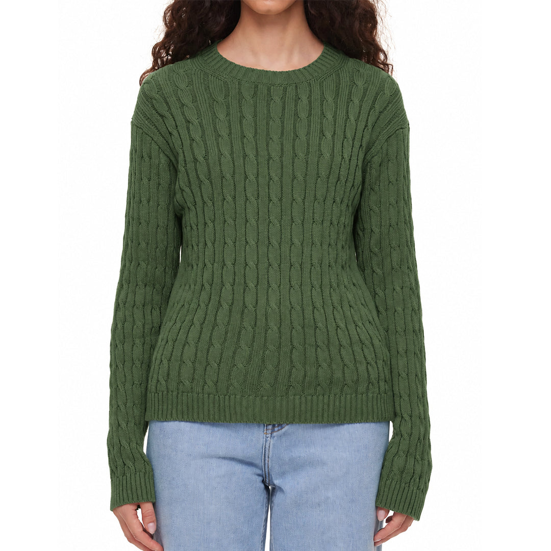 Women's green cable knit sweater with a crew neck