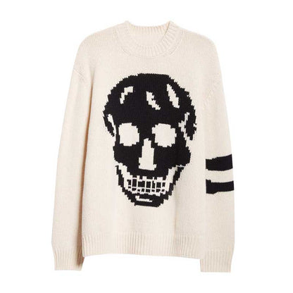 Front view of a custom wool blend knit sweater with a prominent black skull pattern and striped detailing on the sleeve, designed for a bold and stylish look.