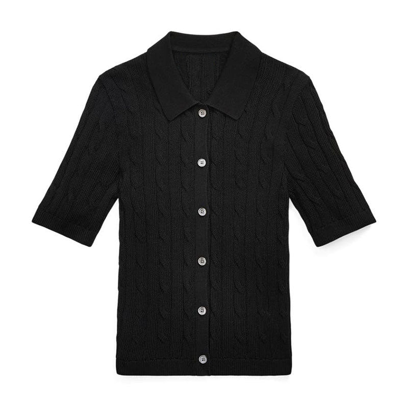 Front view of black short-sleeve cable knit polo sweater for women.