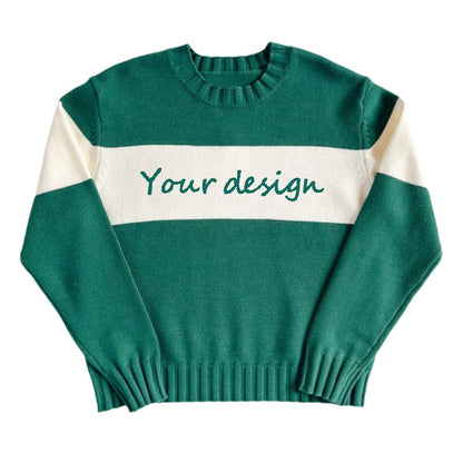 Custom 100% Cotton Women Knit Pullover Sweater with Retro Varsity Stripe - Front View