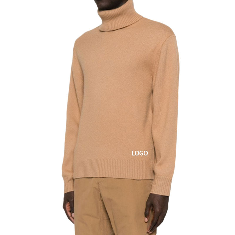 Side view of a beige 100% cashmere turtleneck sweater with ribbed hem and cuffs, ideal for custom logo and brand embroidery.