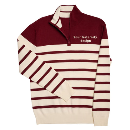 A maroon and white striped custom Greek knit sweater with the text 'Your fraternity design' on the left chest.