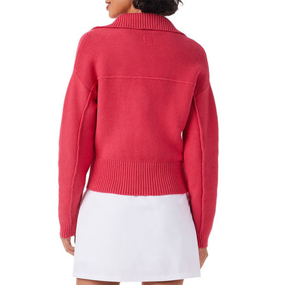 Back view of a custom 100% cotton zip-up knit cardigan in pink, highlighting the clean lines, ribbed waistband, and the structured fit of the design.