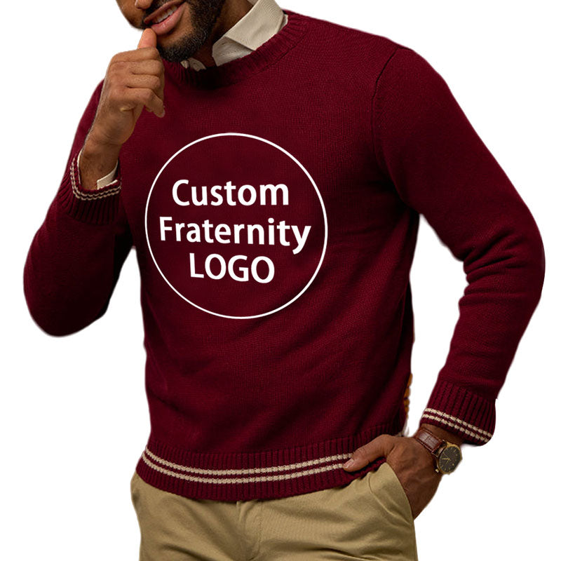 Custom fraternity knit sweater with embroidered fraternity logo on the chest. Ideal for bulk orders and Greek organizations