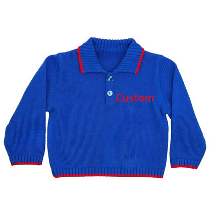 Wholesale Custom Baby Knit Sweater Polo Neck Button Design Jacquard Pullover 100%Organic Cotton