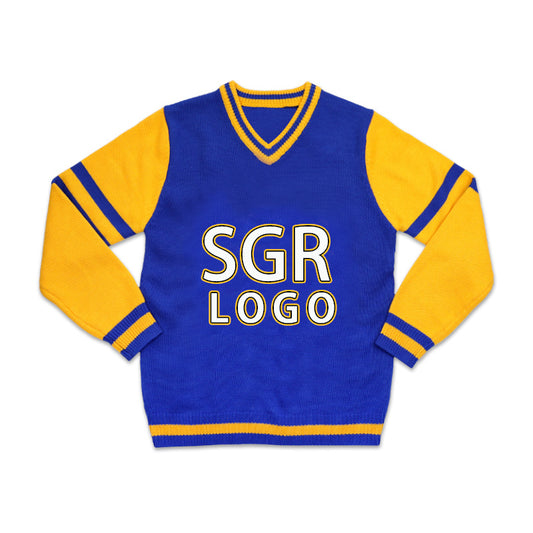 Custom Greek sweater in blue and yellow with SGR logo, designed for sorority organizations. High-quality knitwear ideal for custom orders.