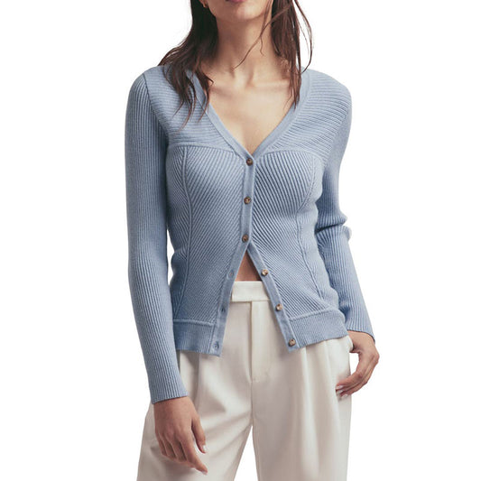 Front view of a custom wool blend V-neck button-up knit cardigan in light blue, highlighting the elegant design and detailed knitting.