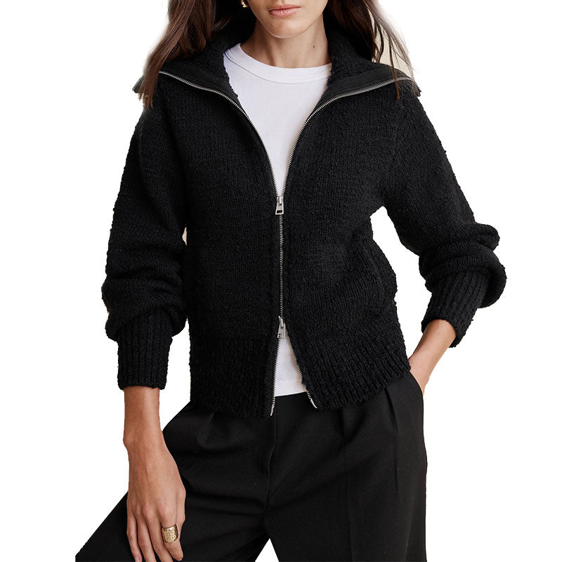 Model Wearing Black Custom Cotton Blend Women's Knit Cardigan Sweater with Zipper and Turn-down Collar