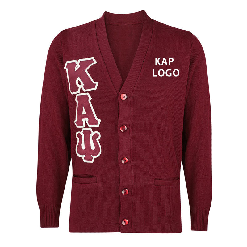 Maroon custom fraternity cardigan with large white and red Greek letters 'KAΨ' on the left side and 'KAP LOGO' on the right chest area, featuring a button-down front.