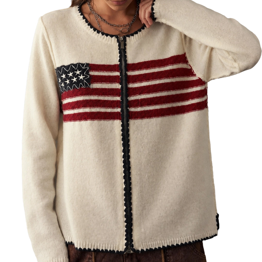 Cream knit cardigan with American flag chest design, front view
