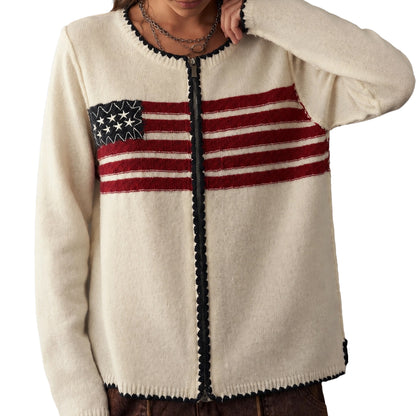 Cream knit cardigan with American flag chest design, front view