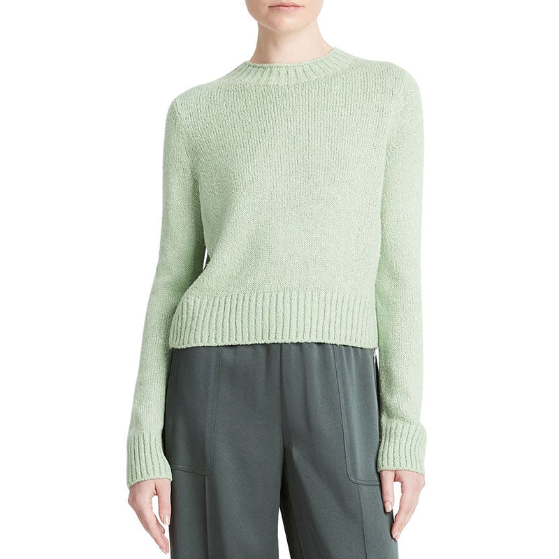 Front view of mint green cashmere blend pullover sweater for women.