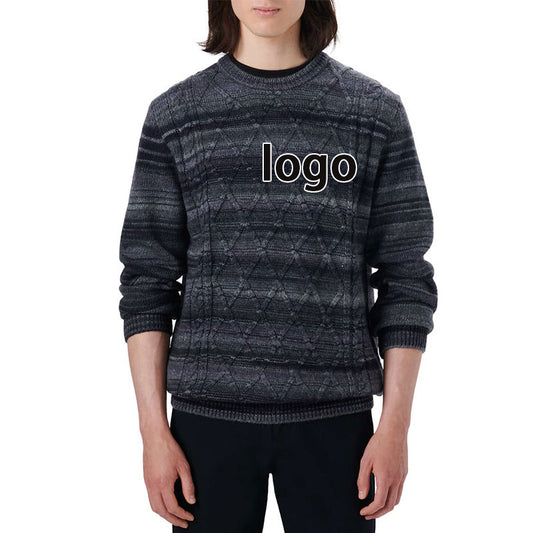 Front view of a dark wool blend knit sweater with a custom logo on the chest, worn by a man, featuring a textured diamond pattern.