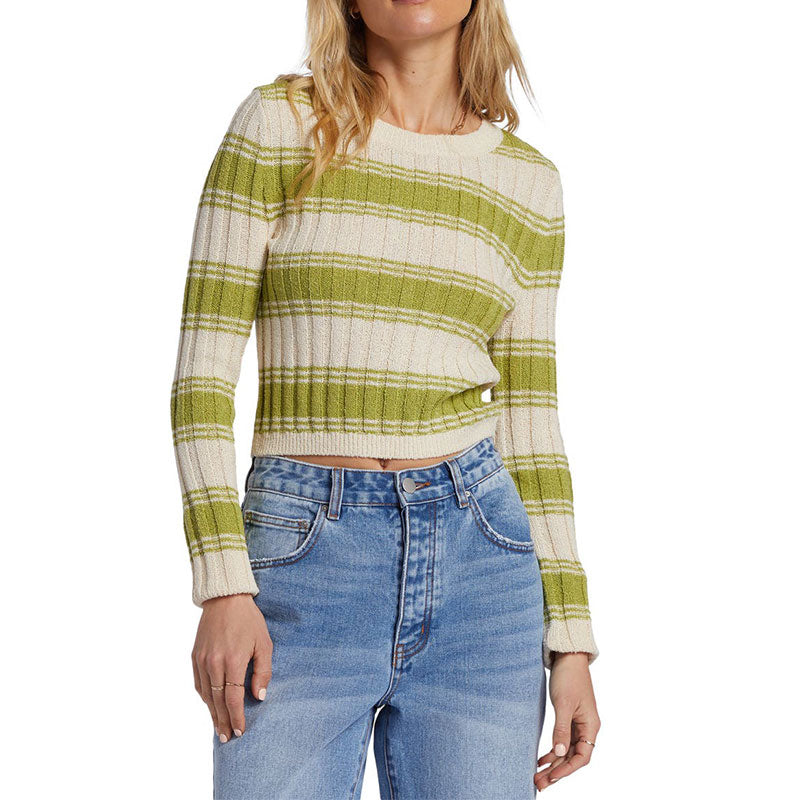 Front view of custom wool blend stripe rib knit sweater for women