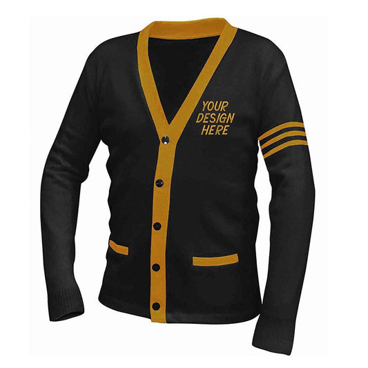 Black custom fraternity cardigan with gold accents, featuring a placeholder text "Your Design Here."